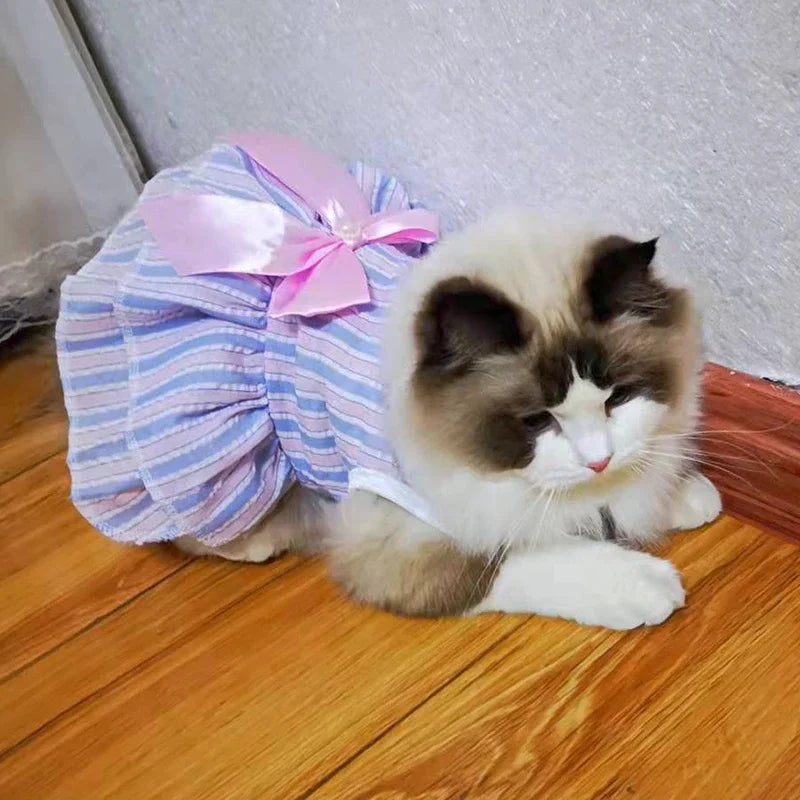 Summer Pet Cat Puppy Princess Dress Pet Clothes Striped Plaid Dresses with Bow Cats Kitten Rabbit Sphynx Clothing Pet Supplies