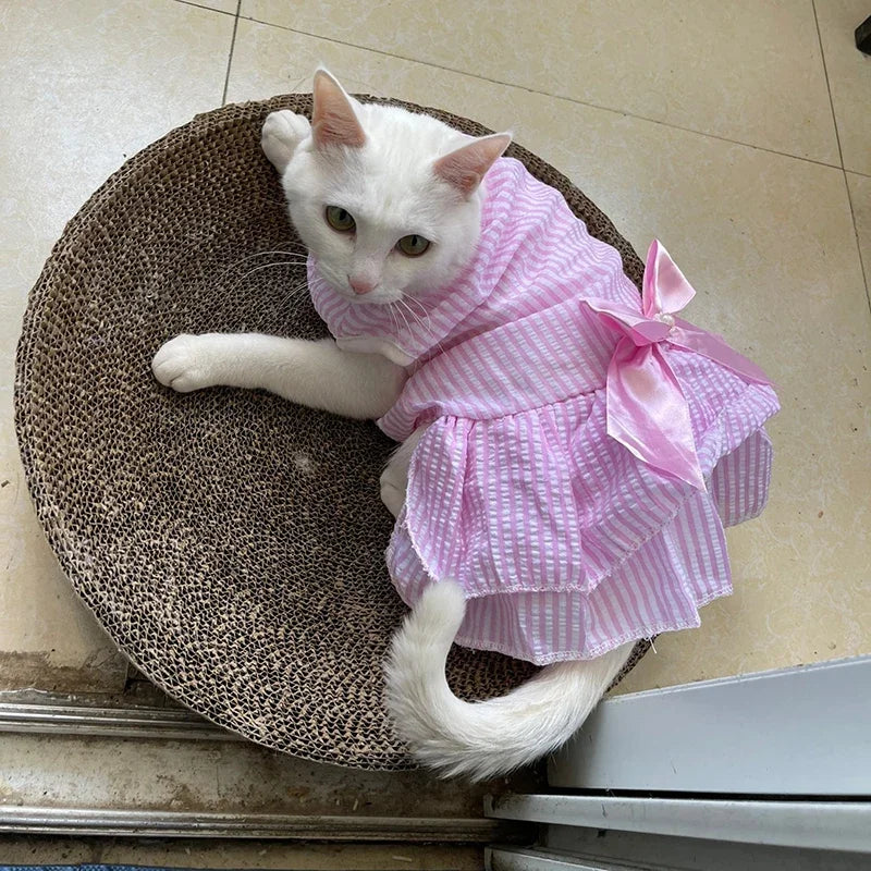Summer Pet Cat Puppy Princess Dress Pet Clothes Striped Plaid Dresses with Bow Cats Kitten Rabbit Sphynx Clothing Pet Supplies