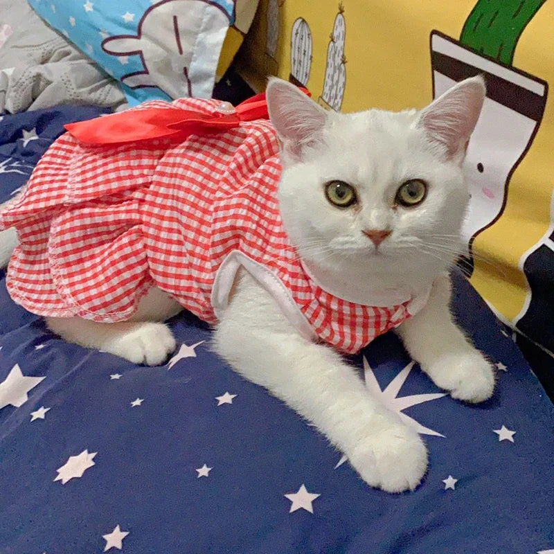 Summer Pet Cat Puppy Princess Dress Pet Clothes Striped Plaid Dresses with Bow Cats Kitten Rabbit Sphynx Clothing Pet Supplies