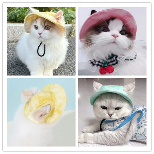 Cotton Cat Sun Hat With Ear Holes Round Brim Dog Puppy Cat Bucket Hat Outdoor Sun Protection Pet Caps for Small Medium Cat Dogs