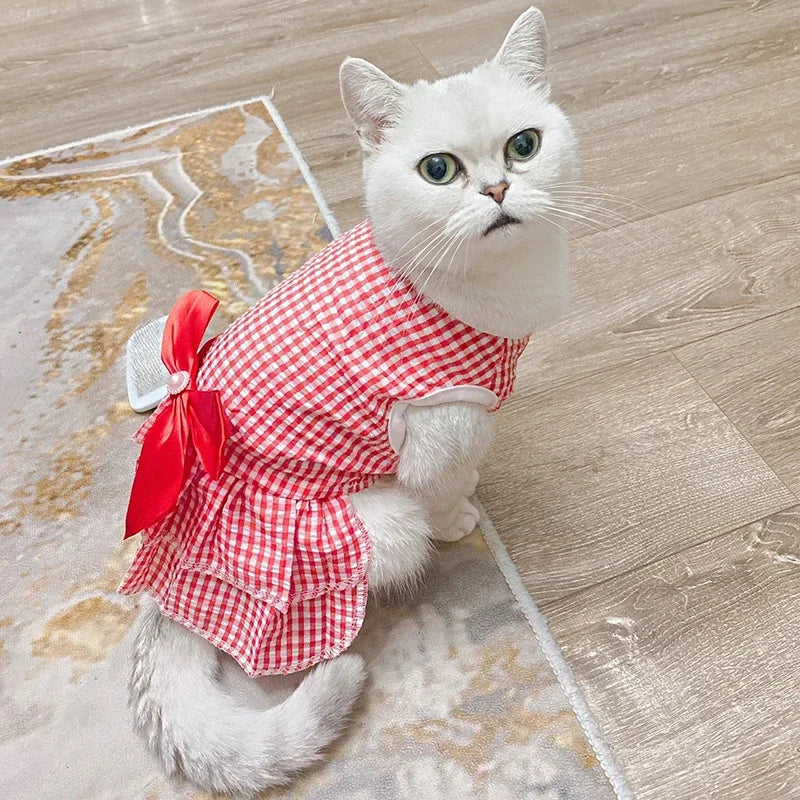 Summer Pet Cat Puppy Princess Dress Pet Clothes Striped Plaid Dresses with Bow Cats Kitten Rabbit Sphynx Clothing Pet Supplies