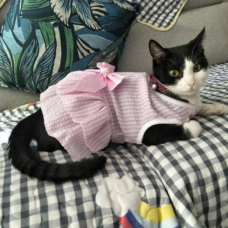 Summer Pet Cat Puppy Princess Dress Pet Clothes Striped Plaid Dresses with Bow Cats Kitten Rabbit Sphynx Clothing Pet Supplies