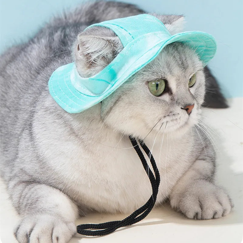 Cotton Cat Sun Hat With Ear Holes Round Brim Dog Puppy Cat Bucket Hat Outdoor Sun Protection Pet Caps for Small Medium Cat Dogs