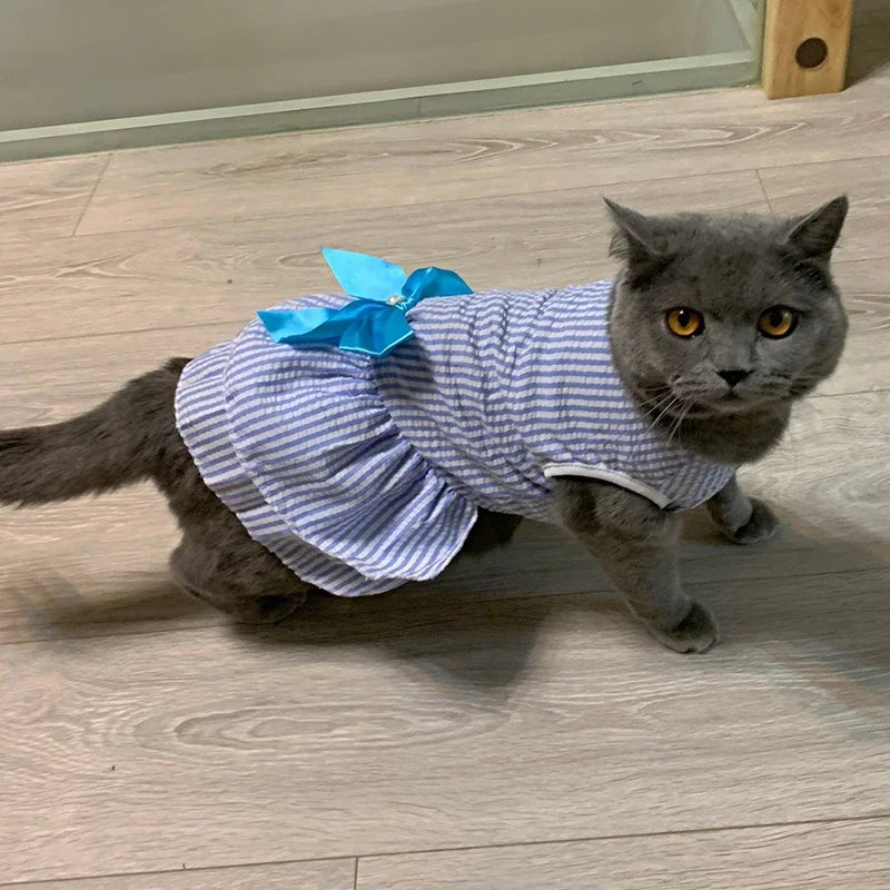 Summer Pet Cat Puppy Princess Dress Pet Clothes Striped Plaid Dresses with Bow Cats Kitten Rabbit Sphynx Clothing Pet Supplies