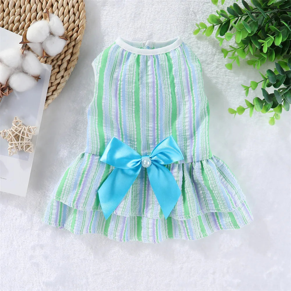 Summer Pet Cat Puppy Princess Dress Pet Clothes Striped Plaid Dresses with Bow Cats Kitten Rabbit Sphynx Clothing Pet Supplies